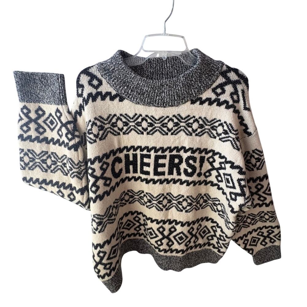 Women's Black White Crew Neck Pullover Fair isle Sweater XXL Holiday Cheers